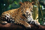 Fototapeta Zwierzęta - A powerful jaguar resting on a tree branch, surveying the jungle with watchful eyes.