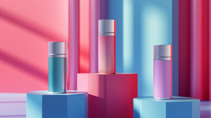 Three cosmetic product mockups on geometric podiums. Background for presentation of cosmetic, Abstract minimal nature scene - empty stage with three white rectangle podiums on colorful background 