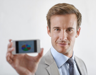 Poster - Business man, phone screen and statistics, pie chart or data for financial report, revenue and stock market. Portrait of corporate accountant on mobile for trading or sales on a white wall background