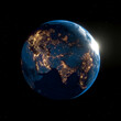 Eastern hemisphere at night from space with brightly lit cities and sunrise, 3D render