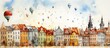 Illustration watercolor sketch drawing traditional apartment buildings with Hot air balloon.