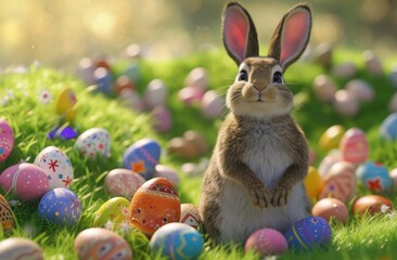 Cartoon Easter rabbits in sunny garden with colorful eggs.