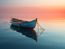 Fishing Boat On The Water At Sunset. Beautiful Nature Background.