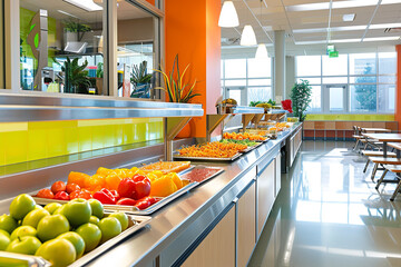 Poster - A modern school cafeteria offering a variety of healthy food options - featuring bright and colorful decor - serving nutritious and appealing meals to students.