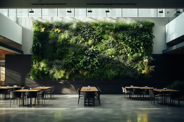 Sticker - A school cafeteria adorned with a live plant wall - promoting a green environment within the dining area - contributing to air purification and providing natural aesthetics.