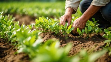 Close up of man s hands picking fresh tea leaves in a bright summer field under abundant sunlight