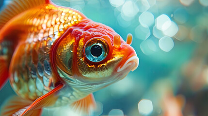 Wall Mural - The eye of a goldfish, filled with light and miracles, like the view of magic in a glass aquarium