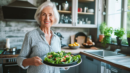 A radiant senior woman presents a fresh, healthy salad in her modern kitchen, her smile as bright as her meal