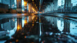 The reflection of the bridge in the water of the puddle on the asphalt, giving the city landscape