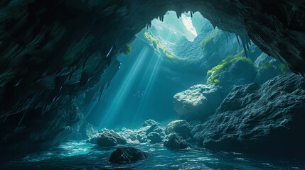 Poster - Mysterious underwater caves, in which dark corners hide secrets, like a gate in another dimension