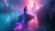 a mermaid, composed of swirling neon lights and pixelated rain, resting on a rocky outcropping in the center of an ethereal, crystal-clear lake. The mermaid's scales shimmer and reflect the neon light
