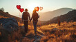 Couple hiking through a beautiful landscape, hand in hand with heart-shaped balloons, valentine day