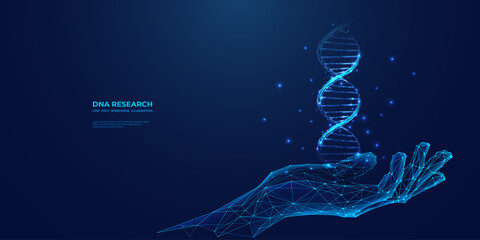 Aufkleber - Abstract hologram of DNA helix in a hand on a blue background. Digital hand-holding double helix in futuristic light monochrome low poly wireframe style. Medical, science concept. Vector illustration.