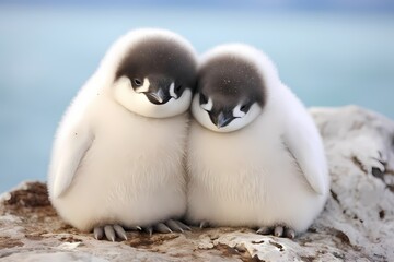 Two baby penguins snuggled up together on an icy shore.