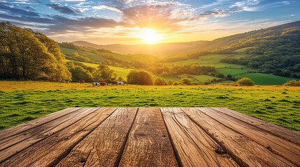 Poster - landscape with wooden table