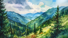 Warm And Earthly Shades In Watercolors Representing A Landscape With Mountains Surrounded By Green