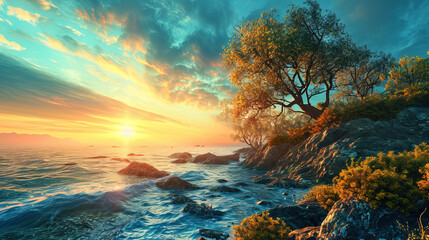 Wall Mural - The summer morning, where the heavenly arch is saturated with a turquoise tint, and the sun is jus
