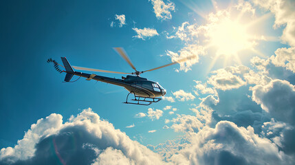 Wall Mural - A helicopter in a flight mode raised in heaven, leaving behind a white mark on a blue background