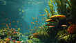 Underwater mushrooms and algae, like exotic plants in an enchanting garden