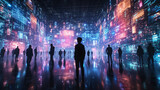 Fototapeta Do akwarium - Portrait of amazed young woman in a VR headset explores the metaverse's virtual space. Gaming and futuristic entertainment concept, Man uses metaverse technology in an industrial setting. Neon 