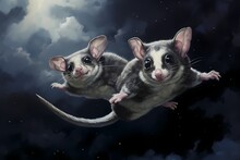 Two Tiny Sugar Gliders Gliding Through A Moonlit Sky.
