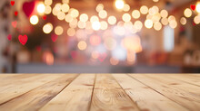 Empty Wooden Table Top And Blur Of Room On A Blur Valentine Day Decoration Background. AI Generative