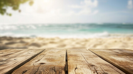 Wall Mural - empty wooden table top and blur of sand and horizontal beach background. AI Generative