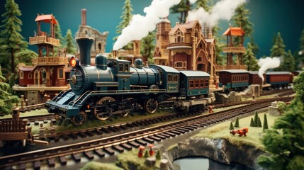 Canvas Print -  a model of a train on a train track with buildings and trees on the other side of the track and a bridge on the other side of the track.