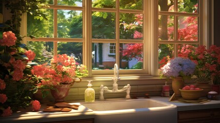 Poster -  a painting of a kitchen sink with flowers on the window sill and a candle in the middle of the sink.