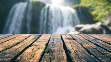 Wall Mural - Wood table top on blur green background of trees in the waterfall. AI Generative
