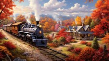  A Painting Of A Train On A Train Track In A Rural Area With Autumn Trees And A Cabin In The Background.