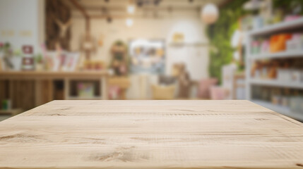 Wall Mural - empty wooden table top and blur of room on a blur pet shop decoration background. AI Generative