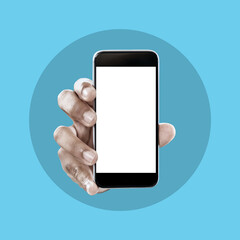 Fototapete - Hands, phone and screen on mockup for marketing, advertising or branding logo against studio background. Hand of person holding smartphone with mock up display for social media or advertisement