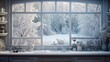  a window that has a view of a snow covered forest outside of it and snowing outside of the window.