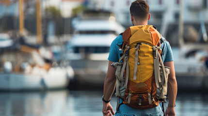 tourist men wearing a tourist backpack on his back, was at harbor. copy space. AI Generative