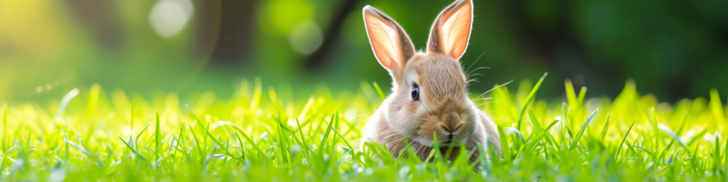 background wallpaper with cute little easter rabbit sitting on green grass at sunny day