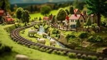  A Model Of A Farm With Sheep And A Stream Of Water In The Foreground And Houses On The Other Side Of The Track.