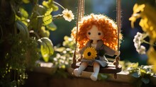  A Doll Is Sitting On A Swing With A Sunflower In Her Hand And A Flower In Her Other Hand.