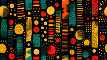 Abstract Seamless Pattern With Elements Of Kwanzaa, Black History Month, And Juneteenth, Suitable For Cultural And Traditional Celebrations