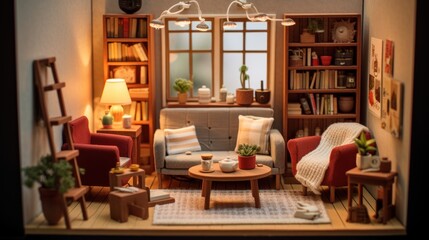 Sticker -  a model of a living room with a couch, chair, coffee table, bookshelf and other furniture.