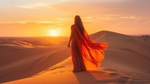 Arabian Woman In The Desert At Sunset Travel Conception, Photo