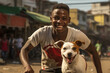 A Nigerian teenager having a playful water balloon fight with his lively Jack Russell Terrier in a vibrant city square, portraying the carefree and spirited connection between yout