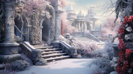 Poster -  a digital painting of a snow - covered castle with a staircase leading up to the upper level of the building.