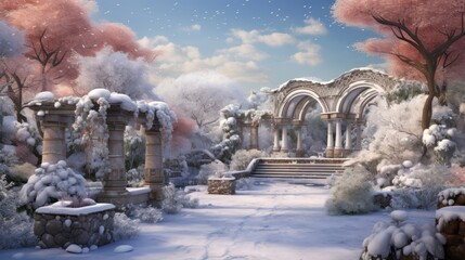 Poster -  a digital painting of a winter scene with a snow covered park and a staircase leading up to a stone archway.