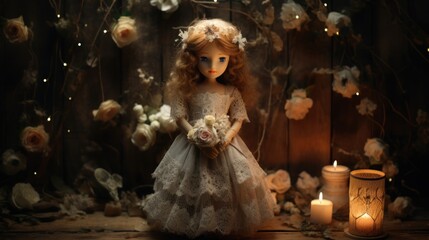 Poster -  a doll dressed in a white dress holding a bouquet of flowers in front of a backdrop of candles and flowers.