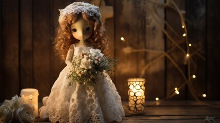 Poster -  a doll dressed in a white dress holding a bouquet of flowers next to a lit candle and a candle holder.