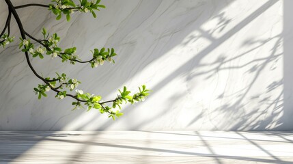 Canvas Print - Spring sunlight in green branch of tree with shadow on white marble tile wall, wood table, copy space.   