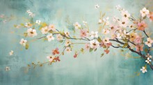  A Painting Of A Branch With White And Pink Flowers On A Teal Background With A Blue Sky In The Background.