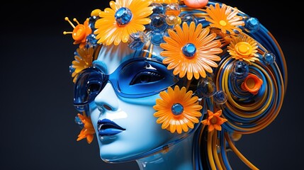 Poster -  a close up of a mannequin's face with flowers in her hair and sunflowers in her hair.