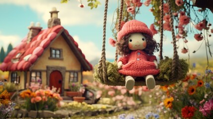 Poster -  a doll sitting on a swing in front of a house with a red roof and a red roof on it.